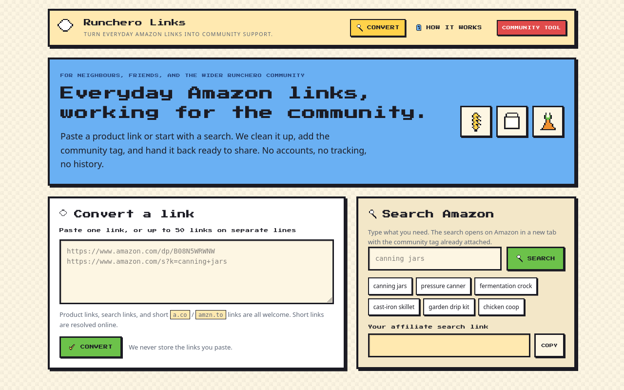 Screenshot of the Runchero Links home page