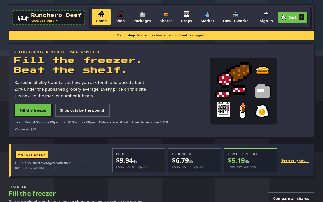 Screenshot of the Runchero Beef home page